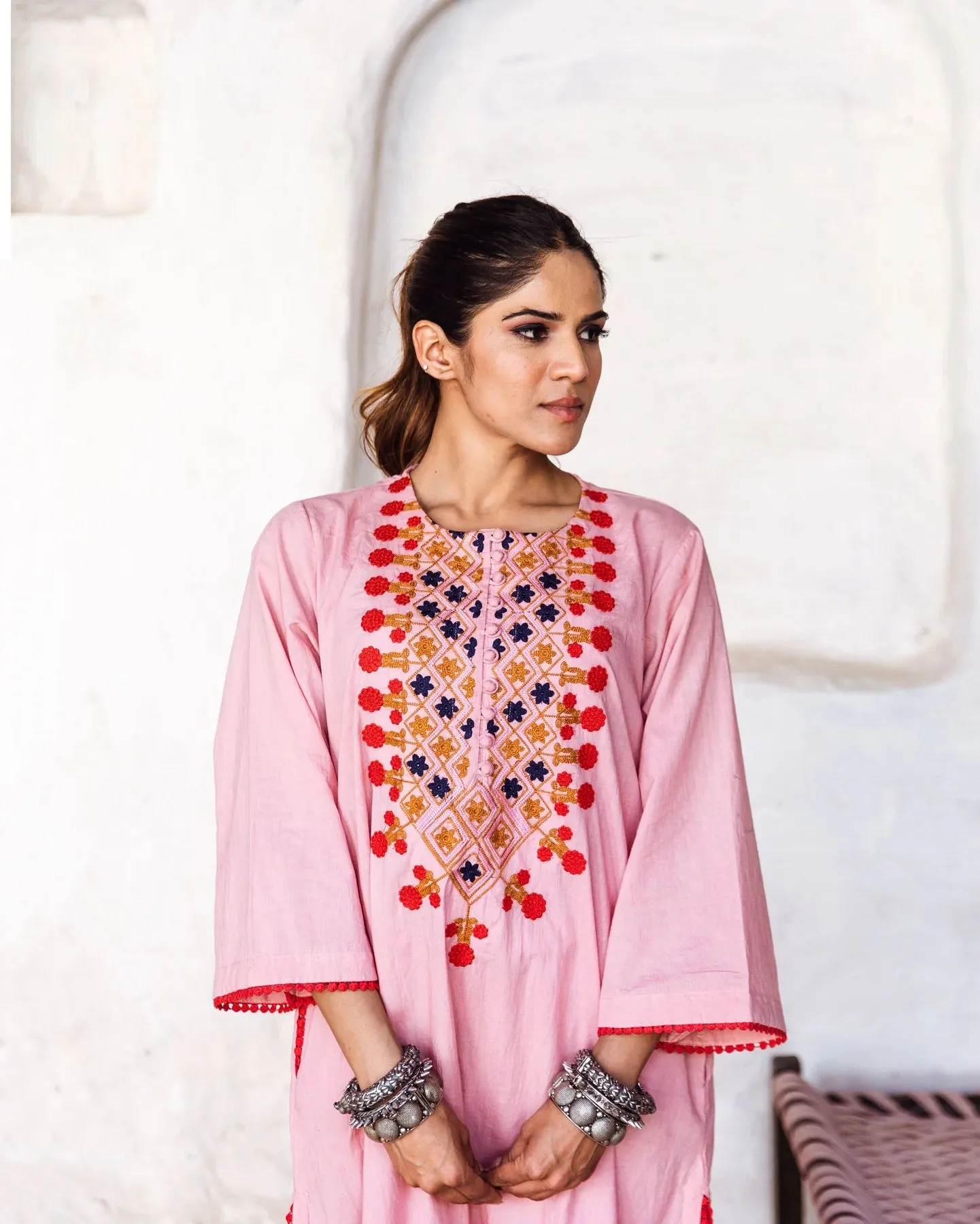 Pink Cotton Floral Embroidered Kurta Palazzo Set