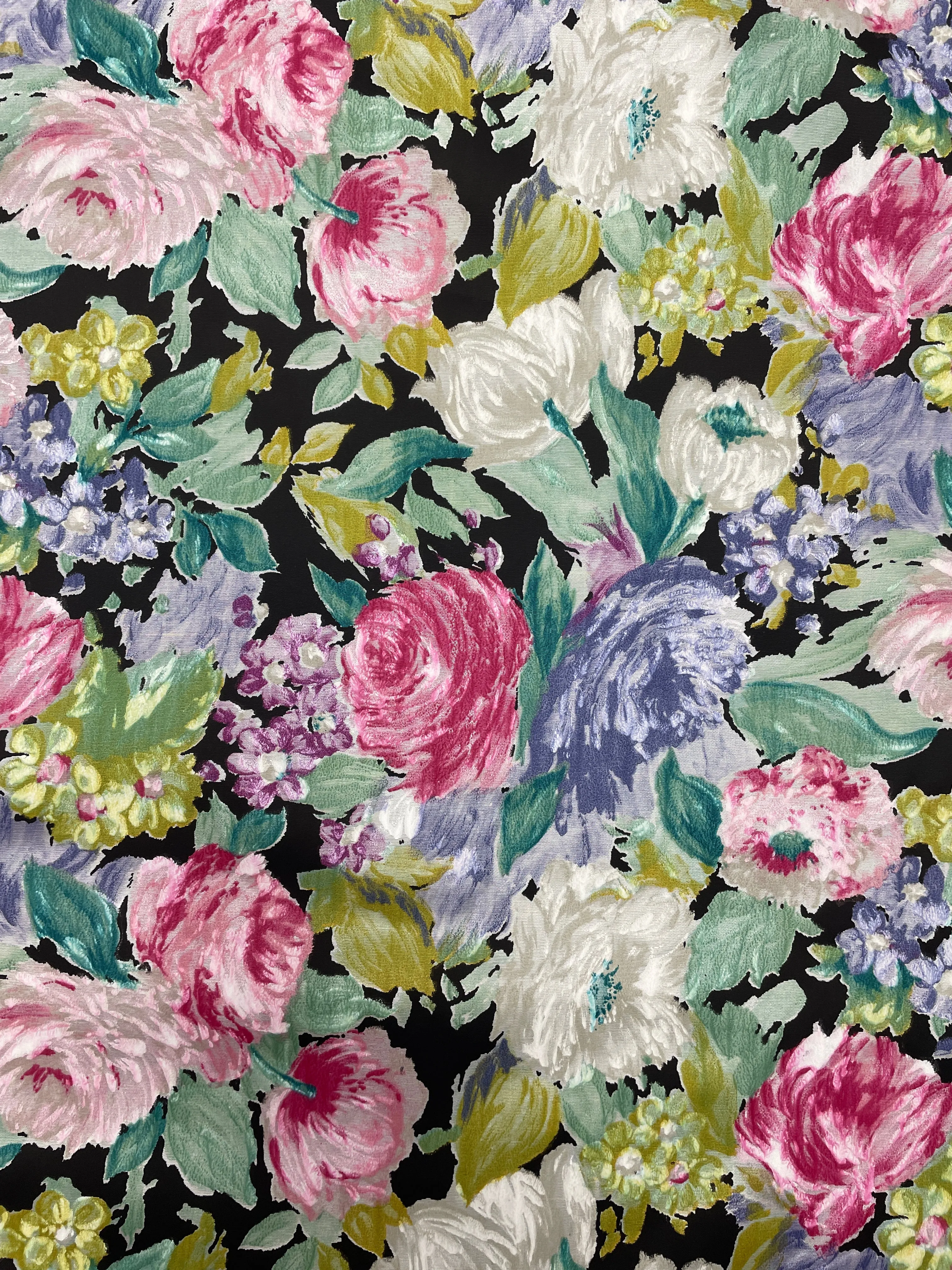 Polyester Lightweight Taffeta Vintage - Bright Flowers on Black Background