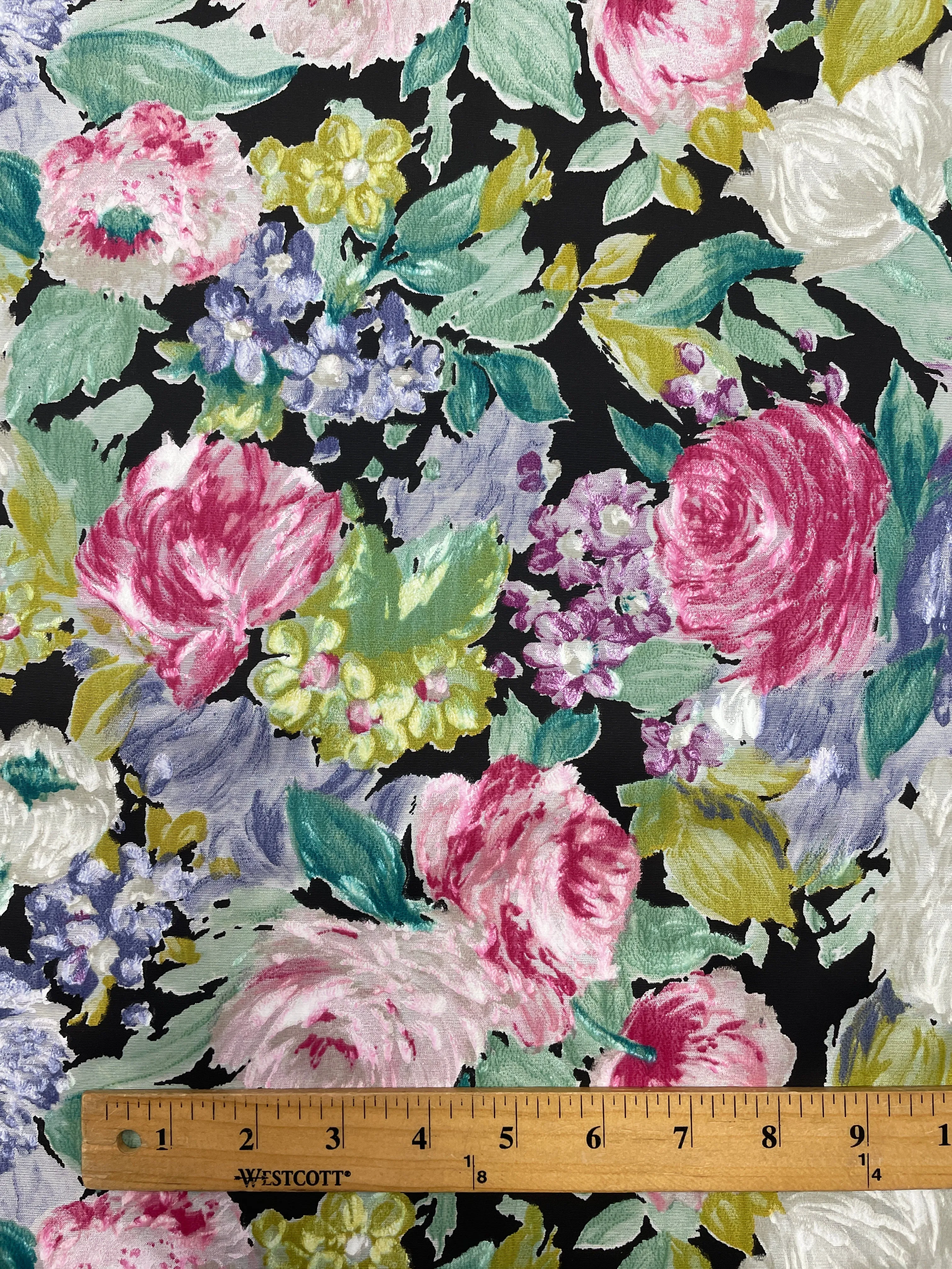 Polyester Lightweight Taffeta Vintage - Bright Flowers on Black Background