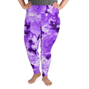 Purple Floral Plus Size Leggings, Abstract Flower Women's Long Yoga Tights-Made in USA/EU