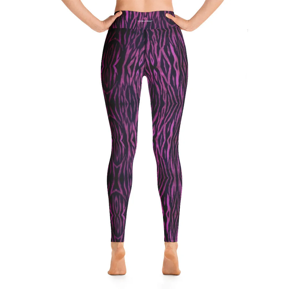 Purple Tiger Striped Yoga Leggings, Tiger Stripes Animal Print Women's Long Pants-Made in USA/EU