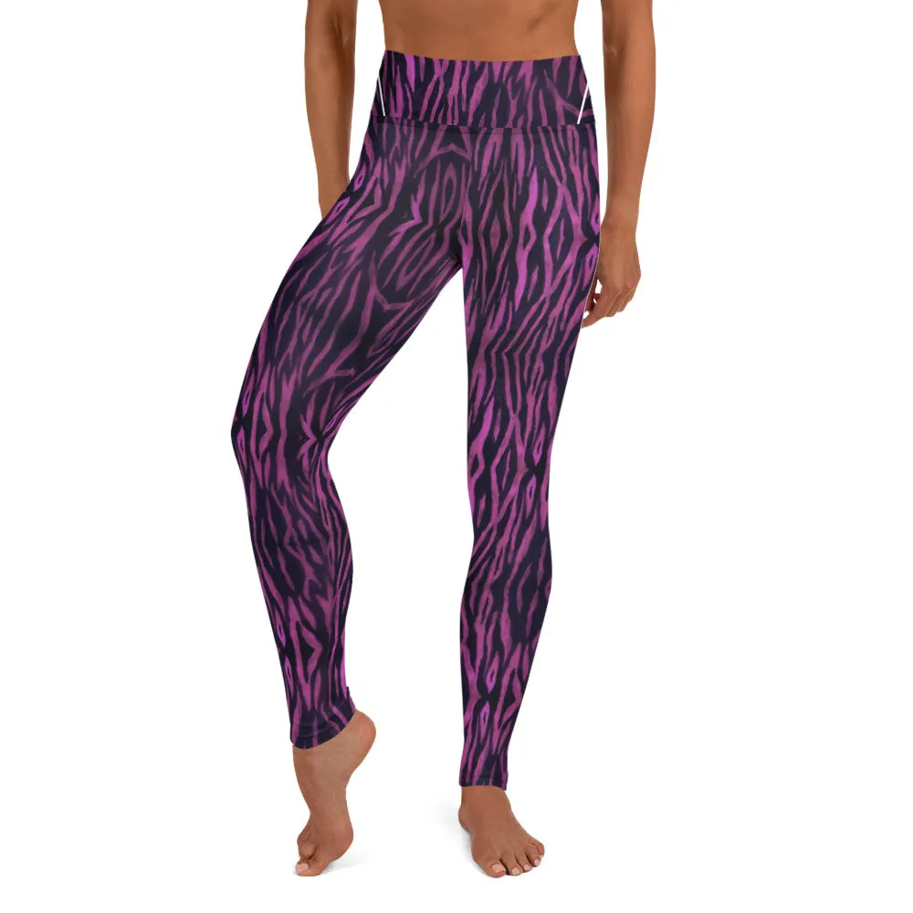 Purple Tiger Striped Yoga Leggings, Tiger Stripes Animal Print Women's Long Pants-Made in USA/EU