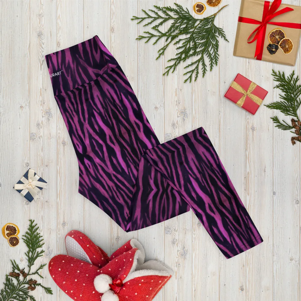 Purple Tiger Striped Yoga Leggings, Tiger Stripes Animal Print Women's Long Pants-Made in USA/EU