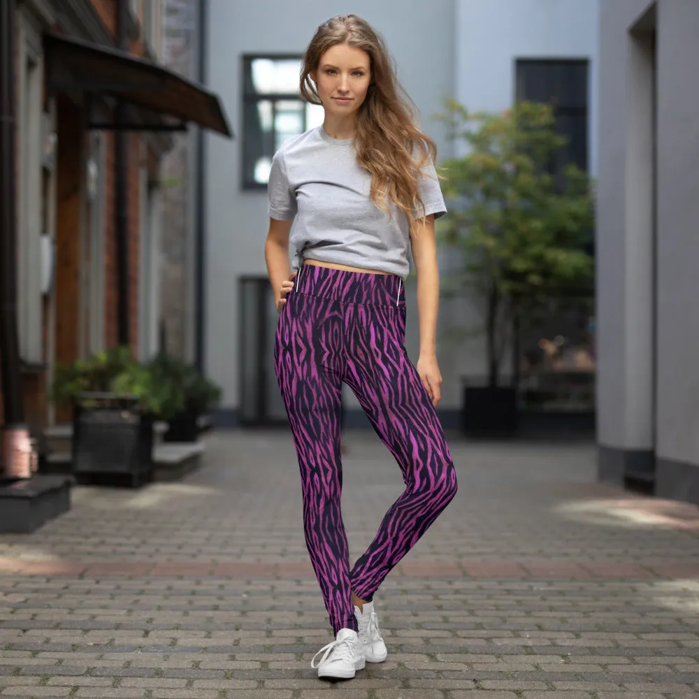 Purple Tiger Striped Yoga Leggings, Tiger Stripes Animal Print Women's Long Pants-Made in USA/EU