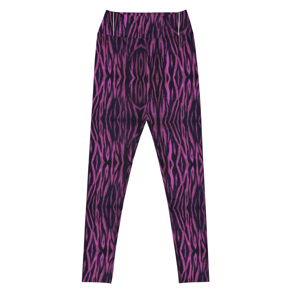 Purple Tiger Striped Yoga Leggings, Tiger Stripes Animal Print Women's Long Pants-Made in USA/EU