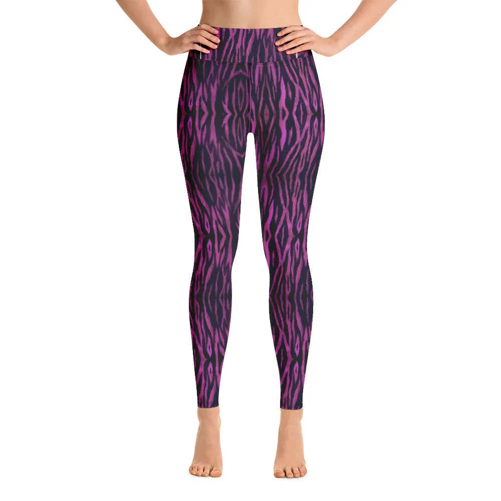 Purple Tiger Striped Yoga Leggings, Tiger Stripes Animal Print Women's Long Pants-Made in USA/EU