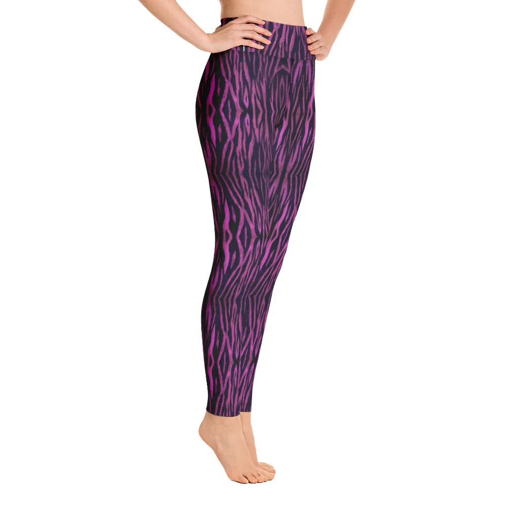 Purple Tiger Striped Yoga Leggings, Tiger Stripes Animal Print Women's Long Pants-Made in USA/EU
