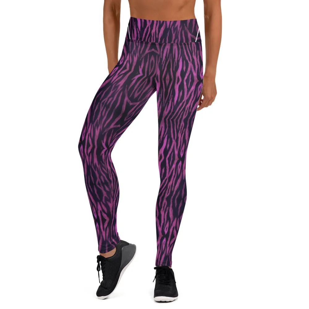 Purple Tiger Striped Yoga Leggings, Tiger Stripes Animal Print Women's Long Pants-Made in USA/EU