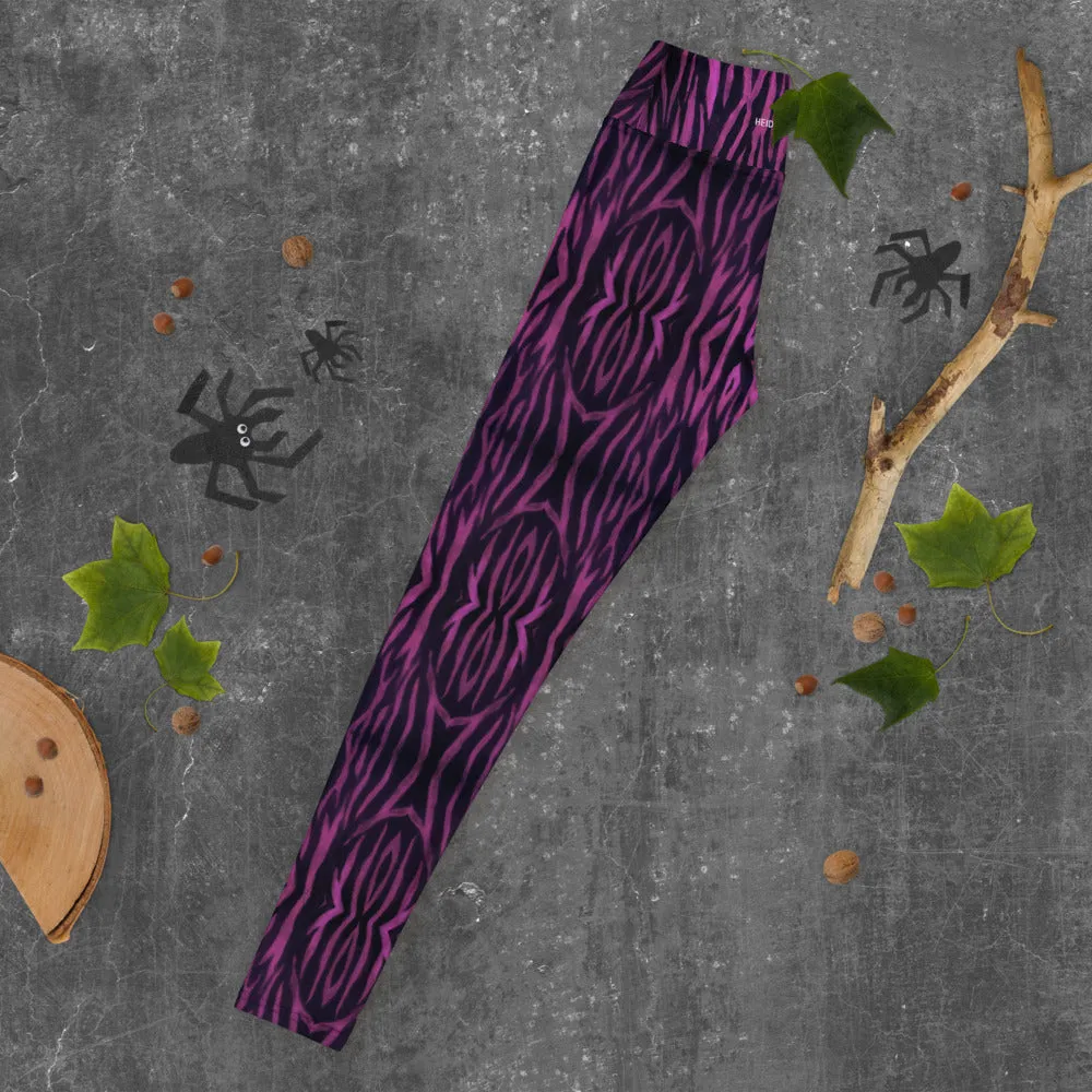 Purple Tiger Striped Yoga Leggings, Tiger Stripes Animal Print Women's Long Pants-Made in USA/EU