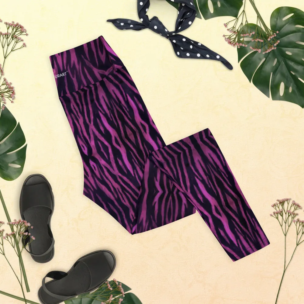 Purple Tiger Striped Yoga Leggings, Tiger Stripes Animal Print Women's Long Pants-Made in USA/EU