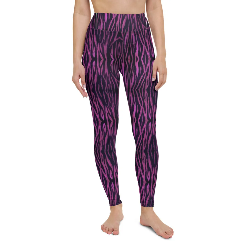Purple Tiger Striped Yoga Leggings, Tiger Stripes Animal Print Women's Long Pants-Made in USA/EU