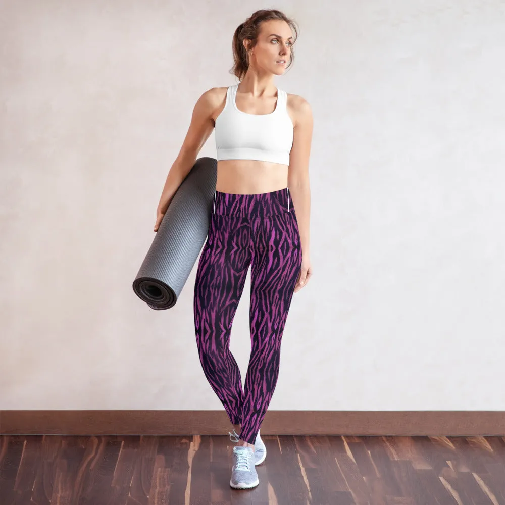 Purple Tiger Striped Yoga Leggings, Tiger Stripes Animal Print Women's Long Pants-Made in USA/EU