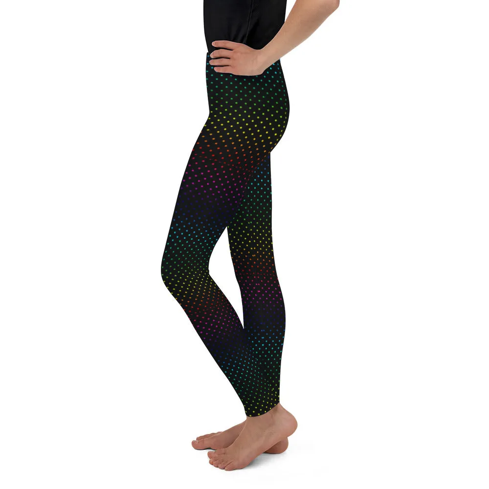 Rainbow Black Polka Dots Black Print Premium Youth Gym Leggings- Made in USA/ EU