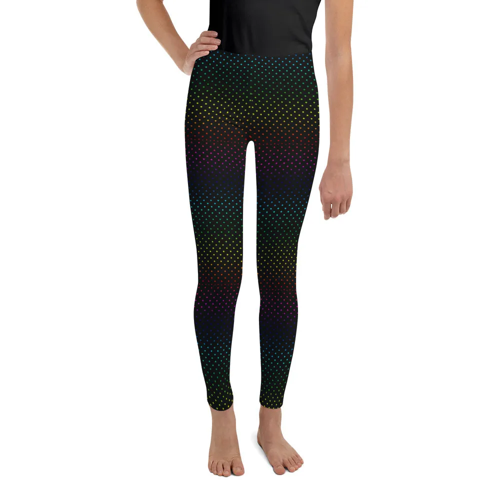 Rainbow Black Polka Dots Black Print Premium Youth Gym Leggings- Made in USA/ EU