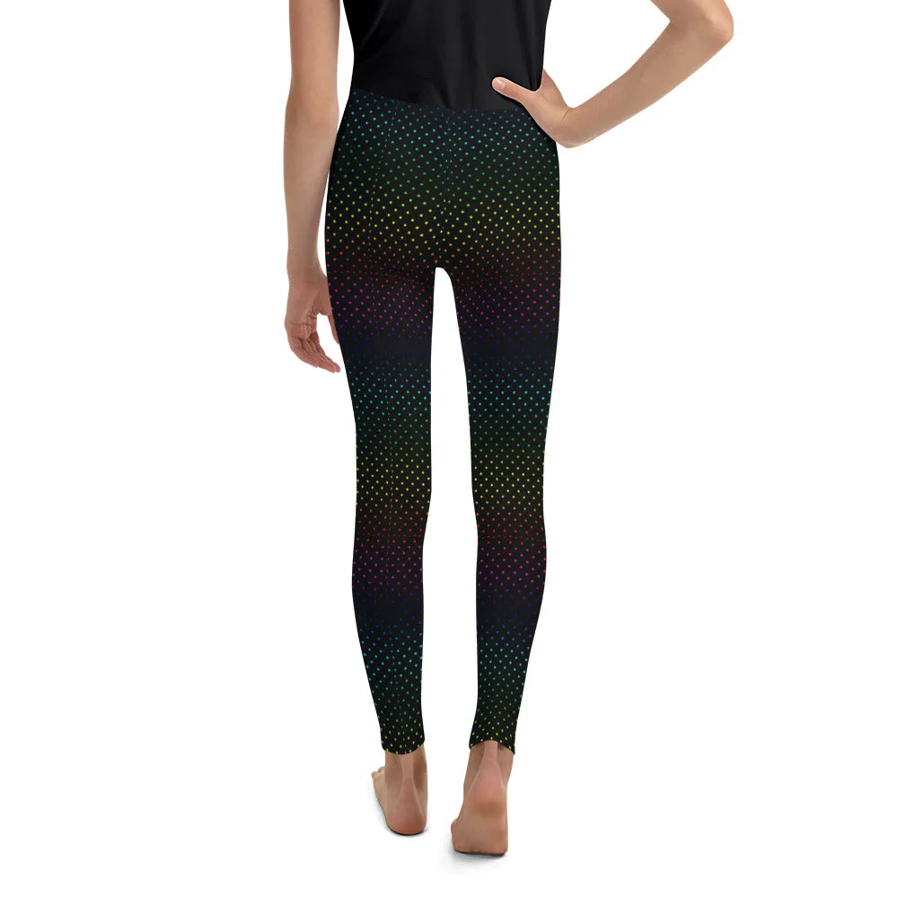 Rainbow Black Polka Dots Black Print Premium Youth Gym Leggings- Made in USA/ EU