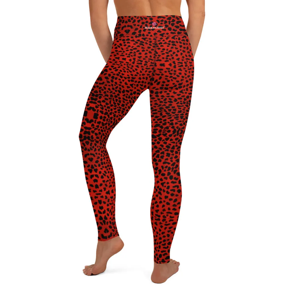 Red Cheetah Print Yoga Leggings, Leopard Animal Print Long Women's Gym Tights-Made in USA/EU/MX