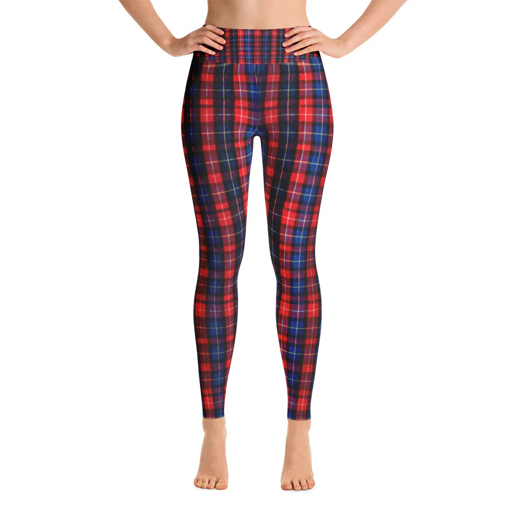 Red Plaid Women's Leggings, Tartan Print Active Wear Long Yoga Pants-Made in USA/EU