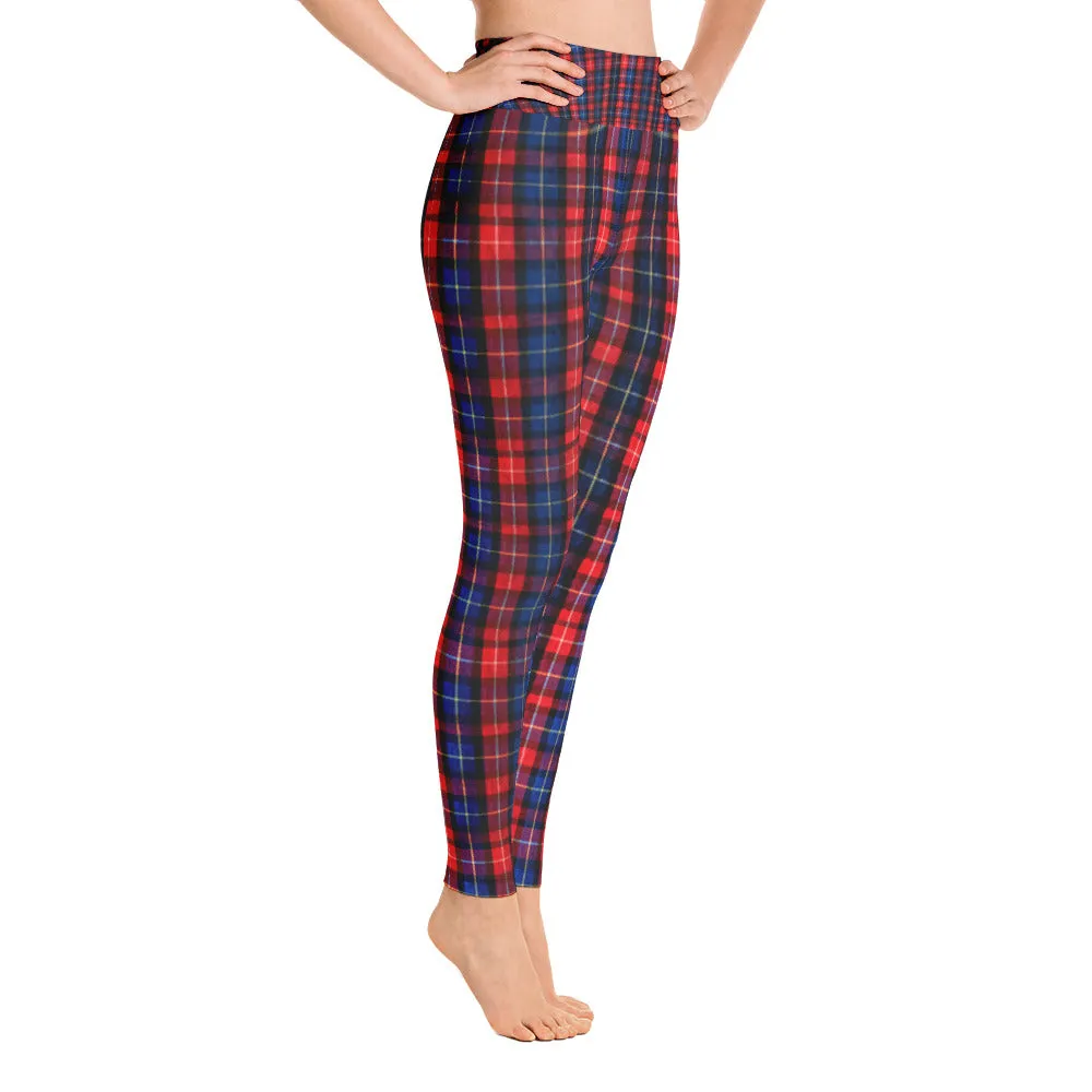 Red Plaid Women's Leggings, Tartan Print Active Wear Long Yoga Pants-Made in USA/EU