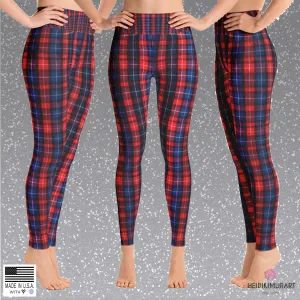 Red Plaid Women's Leggings, Tartan Print Active Wear Long Yoga Pants-Made in USA/EU