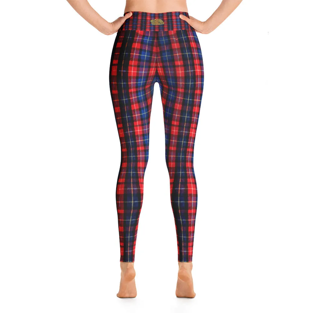 Red Plaid Women's Leggings, Tartan Print Active Wear Long Yoga Pants-Made in USA/EU