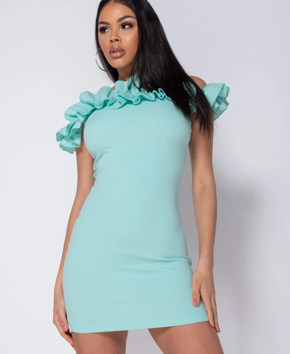 Ruffle Detail Bardot Bodycon Mini Dress