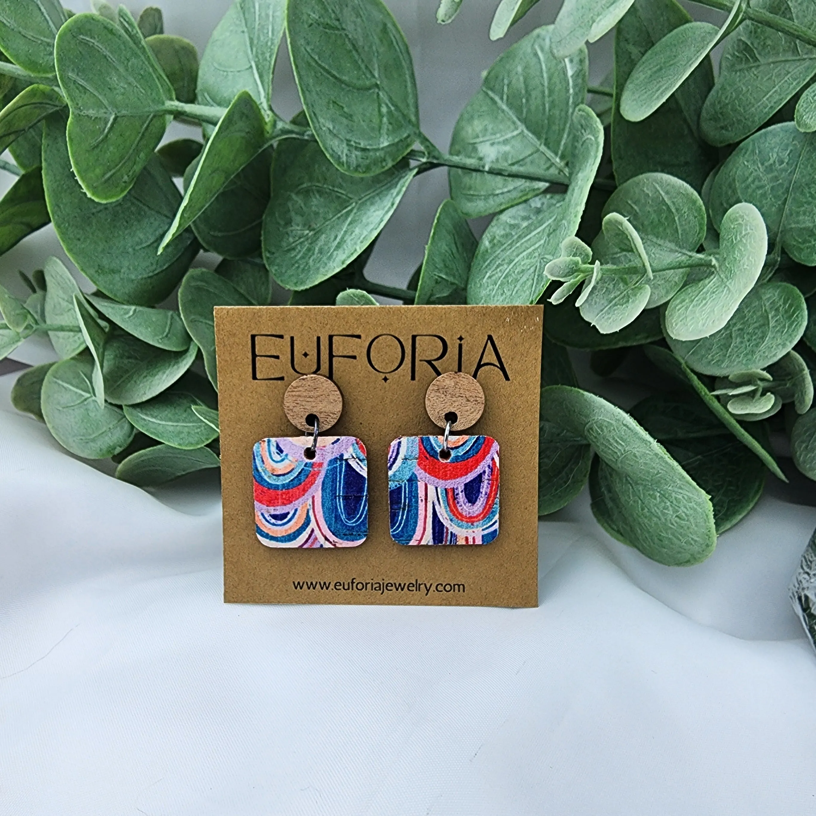 Small Square Cork Over Leather Earrings - Multi-color Upside Down Arches