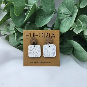 Small Square Cork Over Leather Earrings - Pastel Tiny Leaves