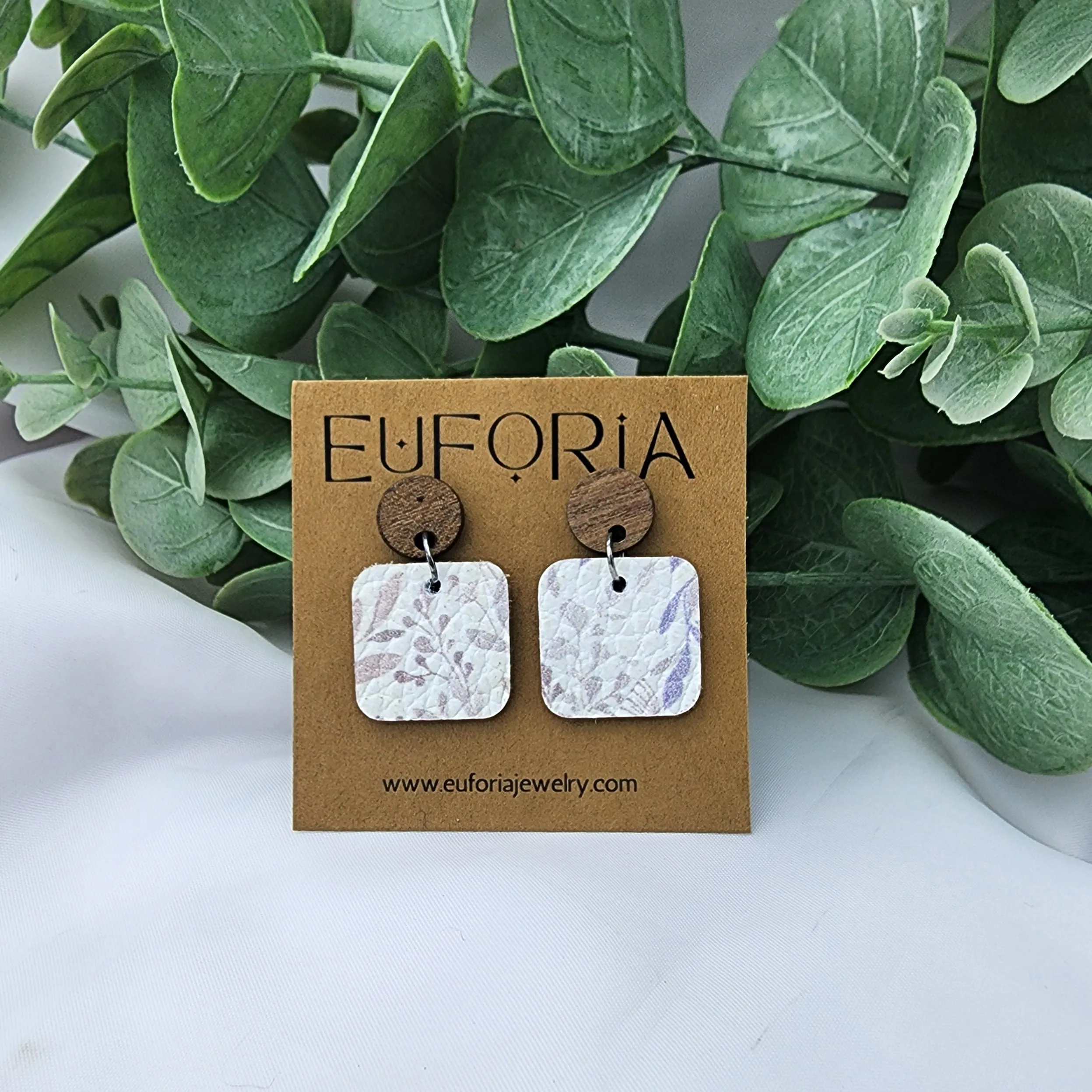 Small Square Cork Over Leather Earrings - Pastel Tiny Leaves