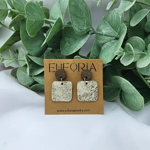 Small Square Leather Earrings - Metallic Gold Crackle over Cream