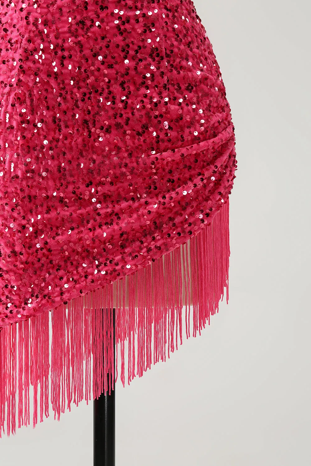 Sparkly Fuchsia Bodycon Halter Sequin Short Homecoming Dress with Tassels
