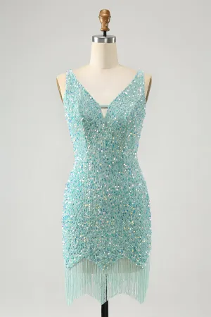 Sparkly Sage Bodycon Spaghetti Straps Sequin Short Homecoming Dress with Tassels