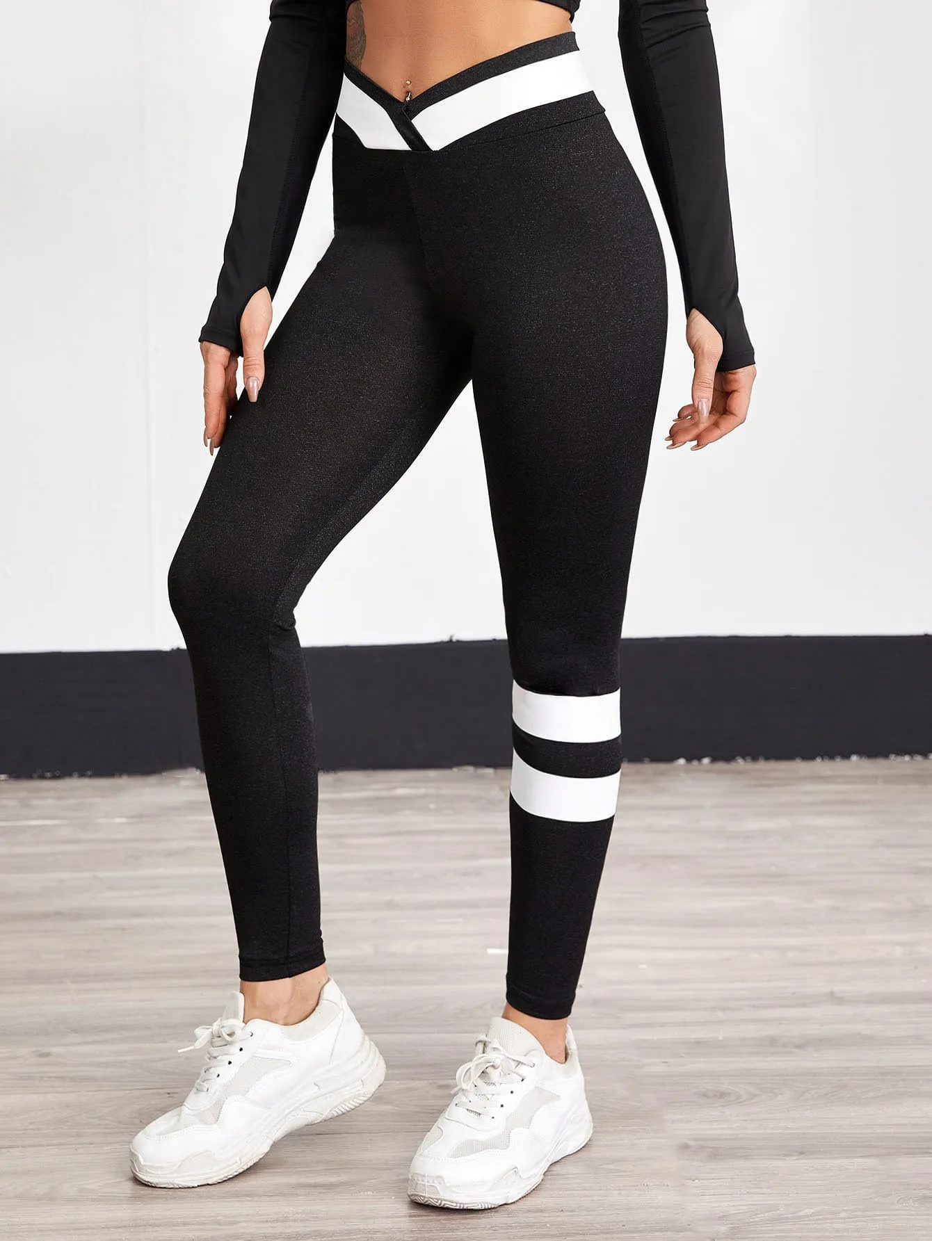 Sporty Colorblock Asymmetrical Long Women Leggings