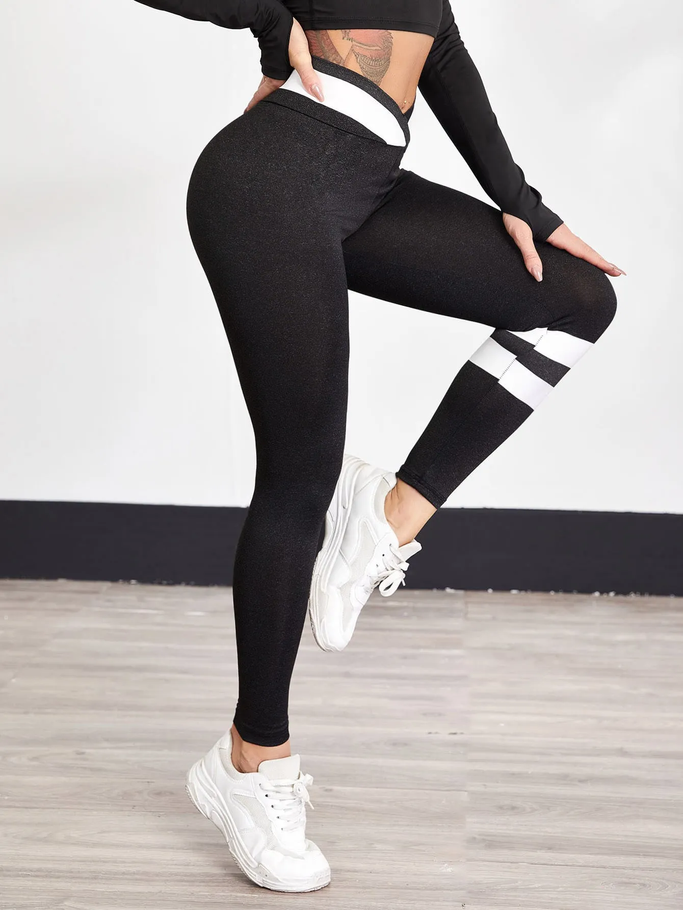 Sporty Colorblock Asymmetrical Long Women Leggings