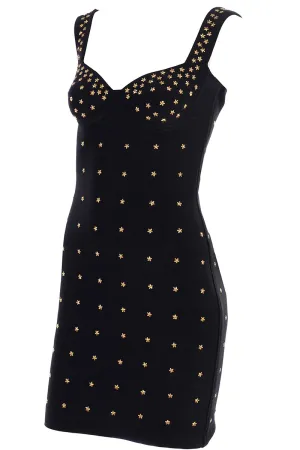 Tadashi Shoji Bodycon Black Stretch Vintage Dress w Gold Star Studs