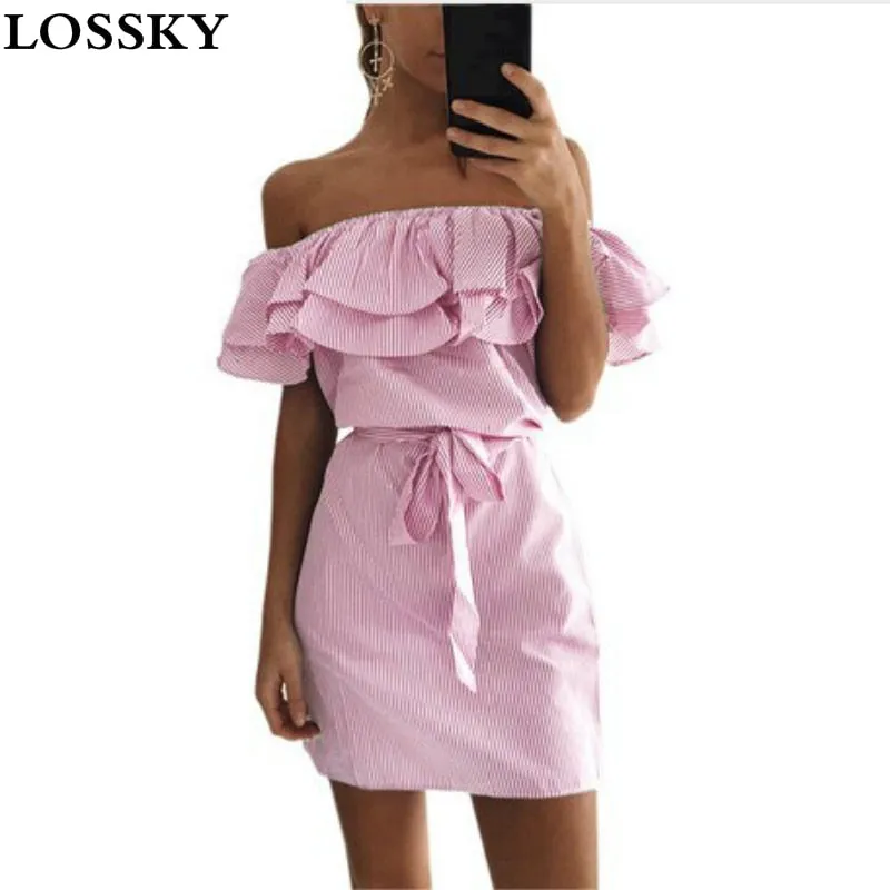 VenusFox Striped Ruffle Collar Summer Dress Sundress Casual Sexy Bodycon Summer Dress