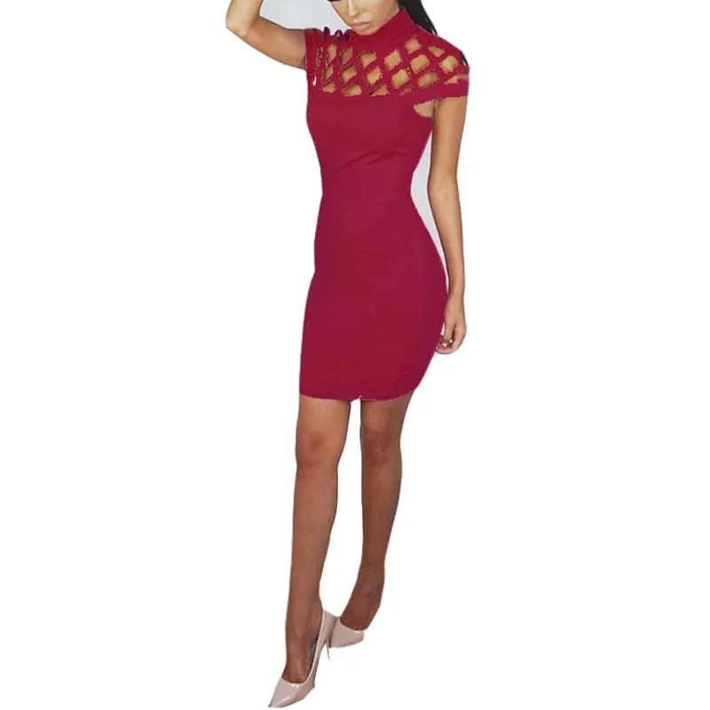 VenusFox Turtle Neck Sexy Skinny Cut Off Black Mini Bodycon Hollow Out Mesh Slim Dresses Club Dress