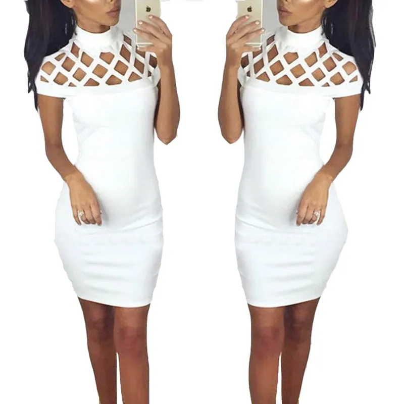 VenusFox Turtle Neck Sexy Skinny Cut Off Black Mini Bodycon Hollow Out Mesh Slim Dresses Club Dress