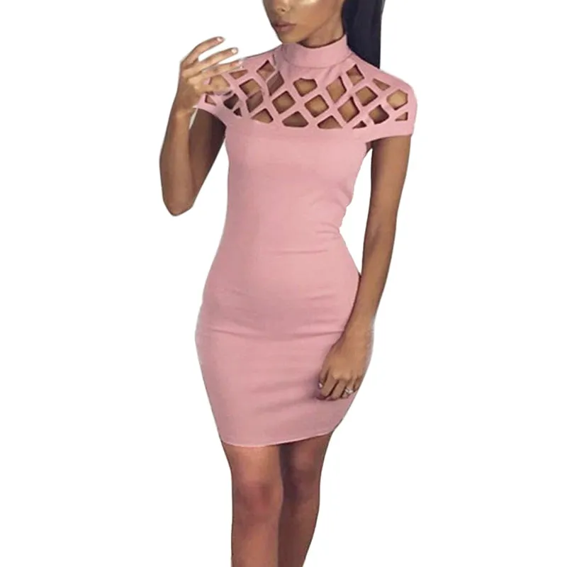 VenusFox Turtle Neck Sexy Skinny Cut Off Black Mini Bodycon Hollow Out Mesh Slim Dresses Club Dress