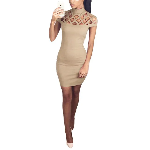 VenusFox Turtle Neck Sexy Skinny Cut Off Black Mini Bodycon Hollow Out Mesh Slim Dresses Club Dress