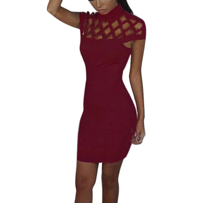 VenusFox Turtle Neck Sexy Skinny Cut Off Black Mini Bodycon Hollow Out Mesh Slim Dresses Club Dress