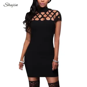 VenusFox Turtle Neck Sexy Skinny Cut Off Black Mini Bodycon Hollow Out Mesh Slim Dresses Club Dress