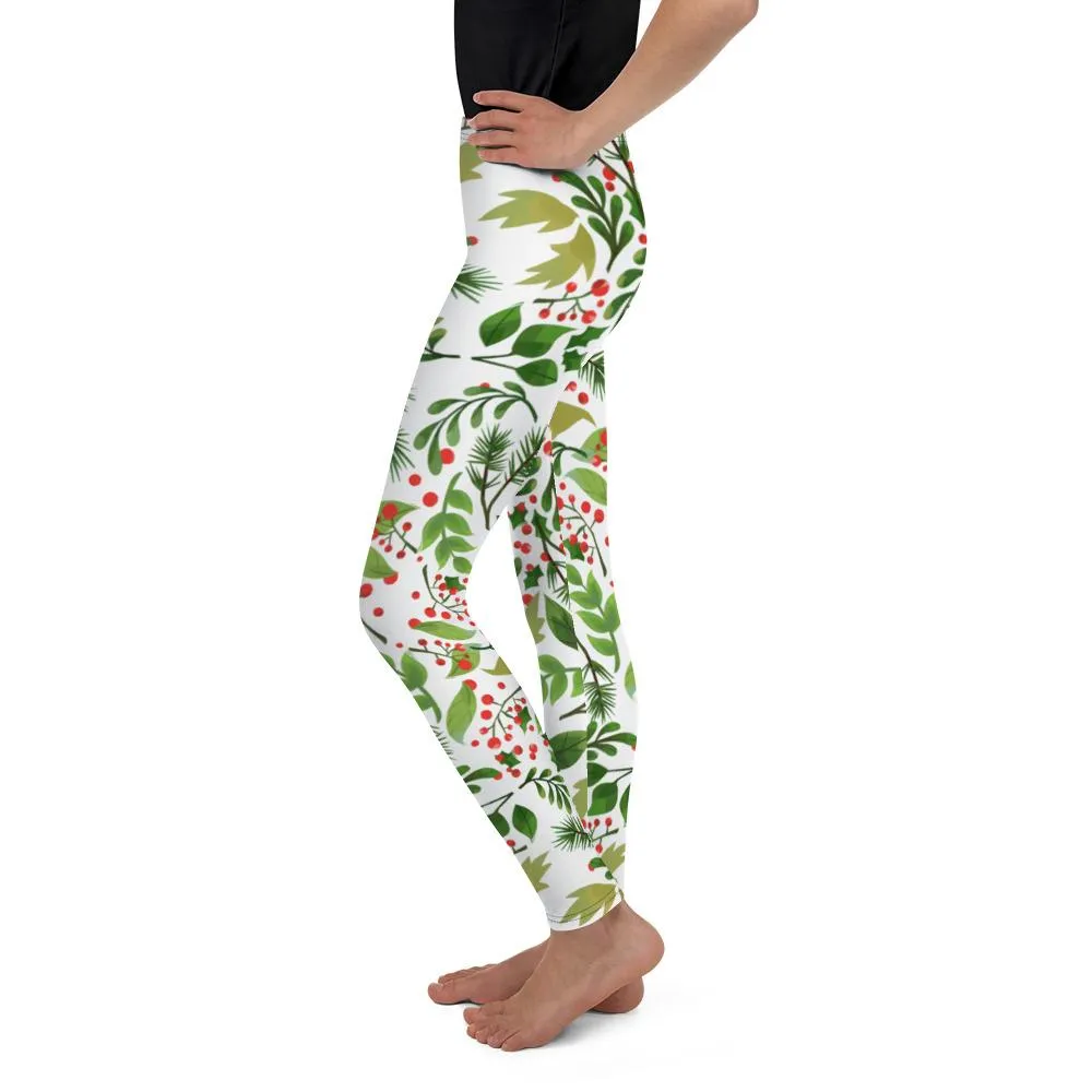 White Green Red Christmas Floral Print Premium Best Youth Leggings- Made in USA//EU