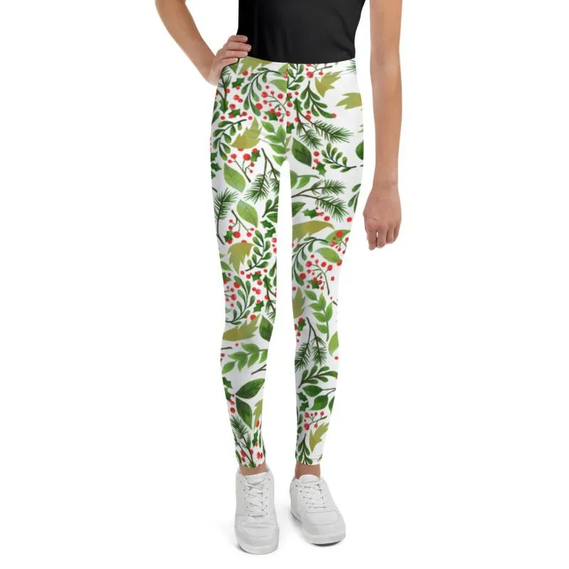 White Green Red Christmas Floral Print Premium Best Youth Leggings- Made in USA//EU
