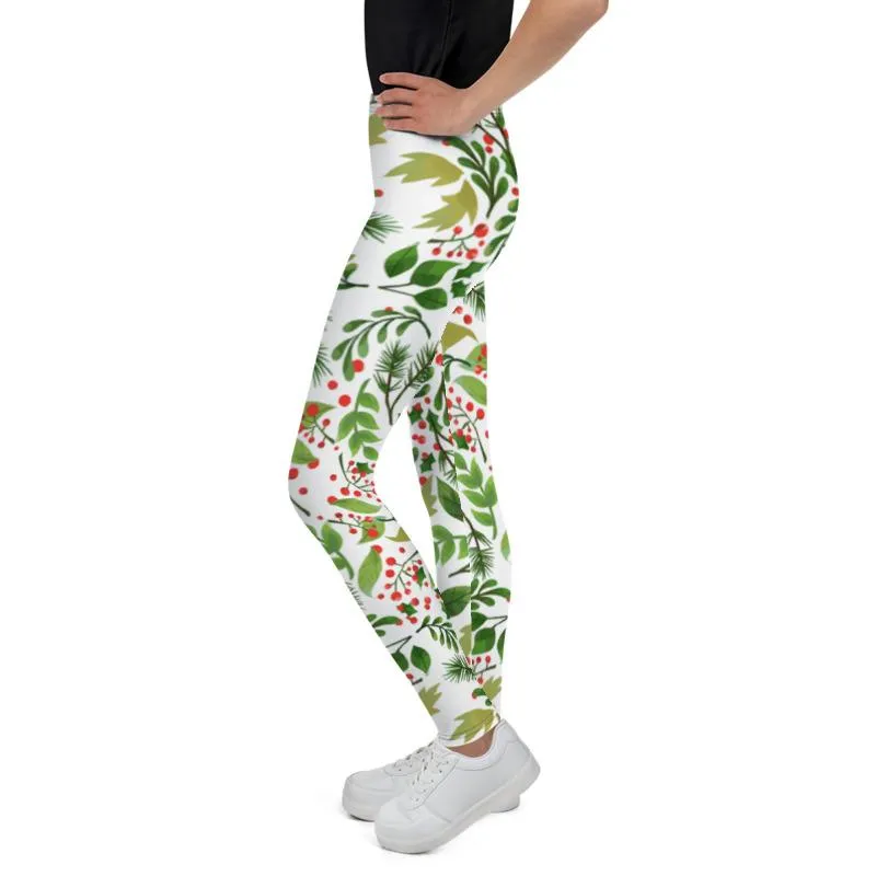 White Green Red Christmas Floral Print Premium Best Youth Leggings- Made in USA//EU