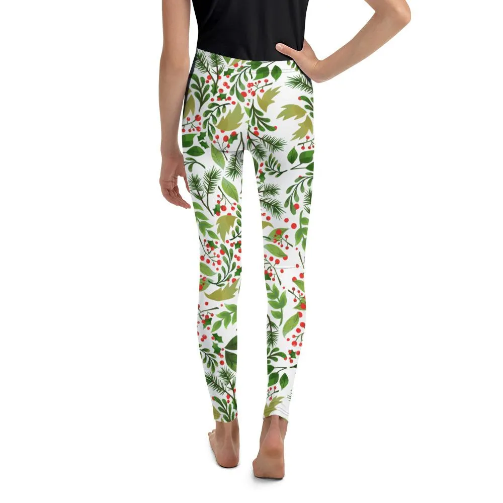 White Green Red Christmas Floral Print Premium Best Youth Leggings- Made in USA//EU