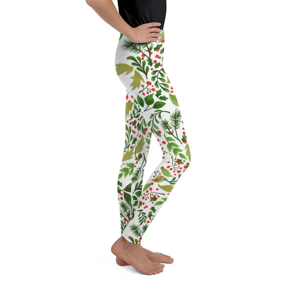 White Green Red Christmas Floral Print Premium Best Youth Leggings- Made in USA//EU