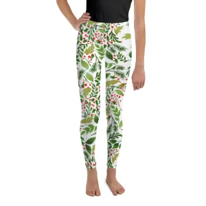 White Green Red Christmas Floral Print Premium Best Youth Leggings- Made in USA//EU