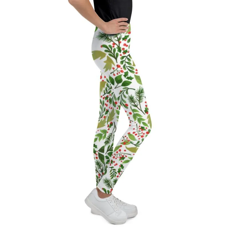 White Green Red Christmas Floral Print Premium Best Youth Leggings- Made in USA//EU