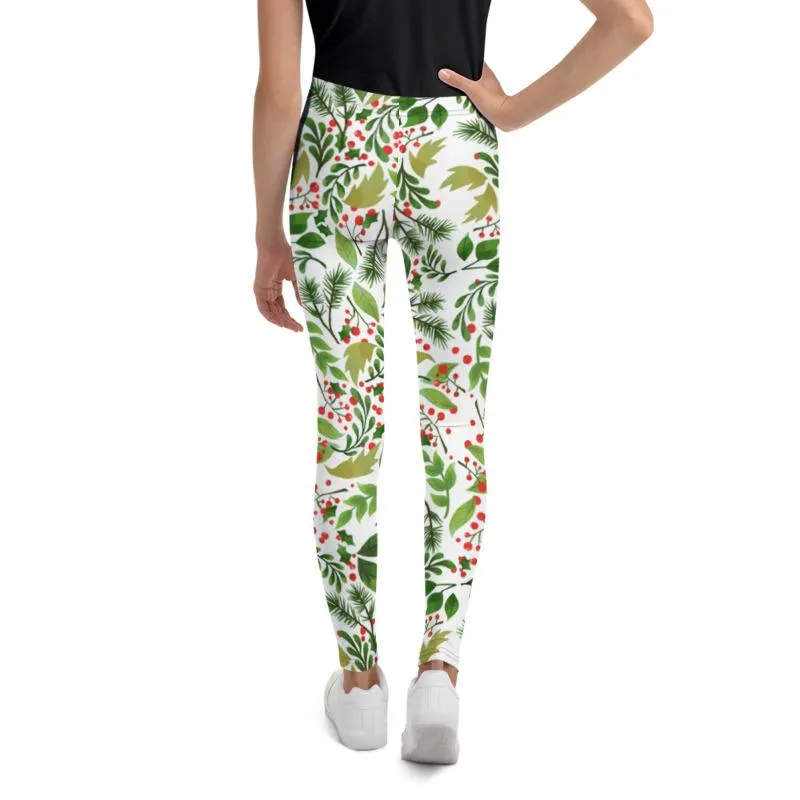 White Green Red Christmas Floral Print Premium Best Youth Leggings- Made in USA//EU