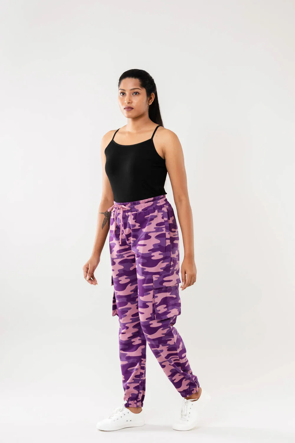 Women Purple Camo Print Cargo Joggers